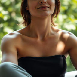 A close-up of a person sitting in a serene environment, with a focus on their relaxed shoulders