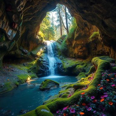 A serene waterfall inside a sunny cave, surrounded by stunning walls adorned with a variety of colorful crystals reflecting light, creating a dazzling display