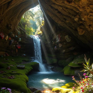 A serene waterfall inside a sunny cave, surrounded by stunning walls adorned with a variety of colorful crystals reflecting light, creating a dazzling display