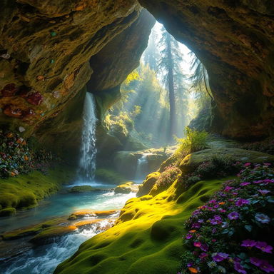 A serene waterfall inside a sunny cave, surrounded by stunning walls adorned with a variety of colorful crystals reflecting light, creating a dazzling display
