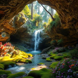 A serene waterfall inside a sunny cave, surrounded by stunning walls adorned with a variety of colorful crystals reflecting light, creating a dazzling display