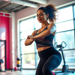 A dynamic scene of a woman exercising in a bright and energetic environment