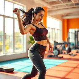 A dynamic scene of a woman exercising in a bright and energetic environment