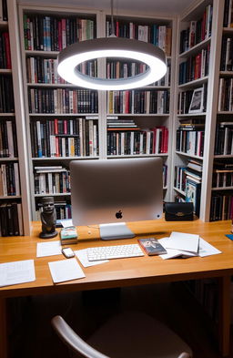 A cozy and modern workspace featuring a sleek desk with a shiny iMac prominently displayed on it