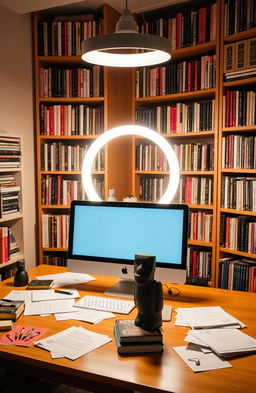 A cozy and modern workspace featuring a sleek desk with a shiny iMac prominently displayed on it