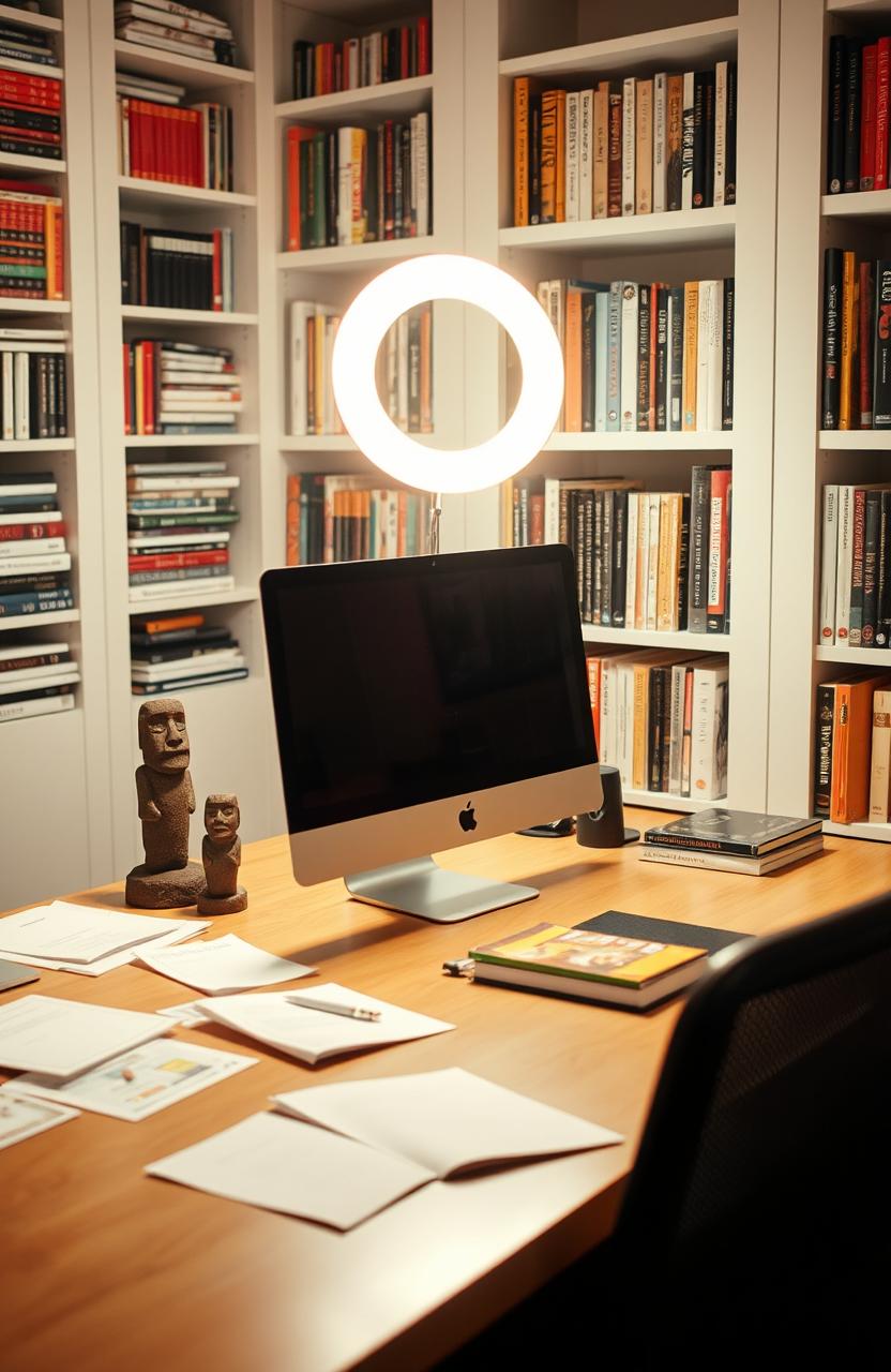 A cozy and modern workspace featuring a sleek desk with a shiny iMac prominently displayed on it