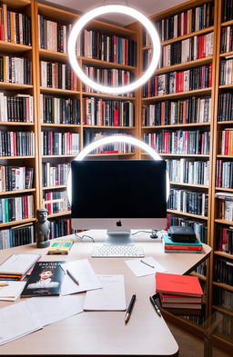 A cozy and modern workspace featuring a sleek desk with a shiny iMac prominently displayed on it