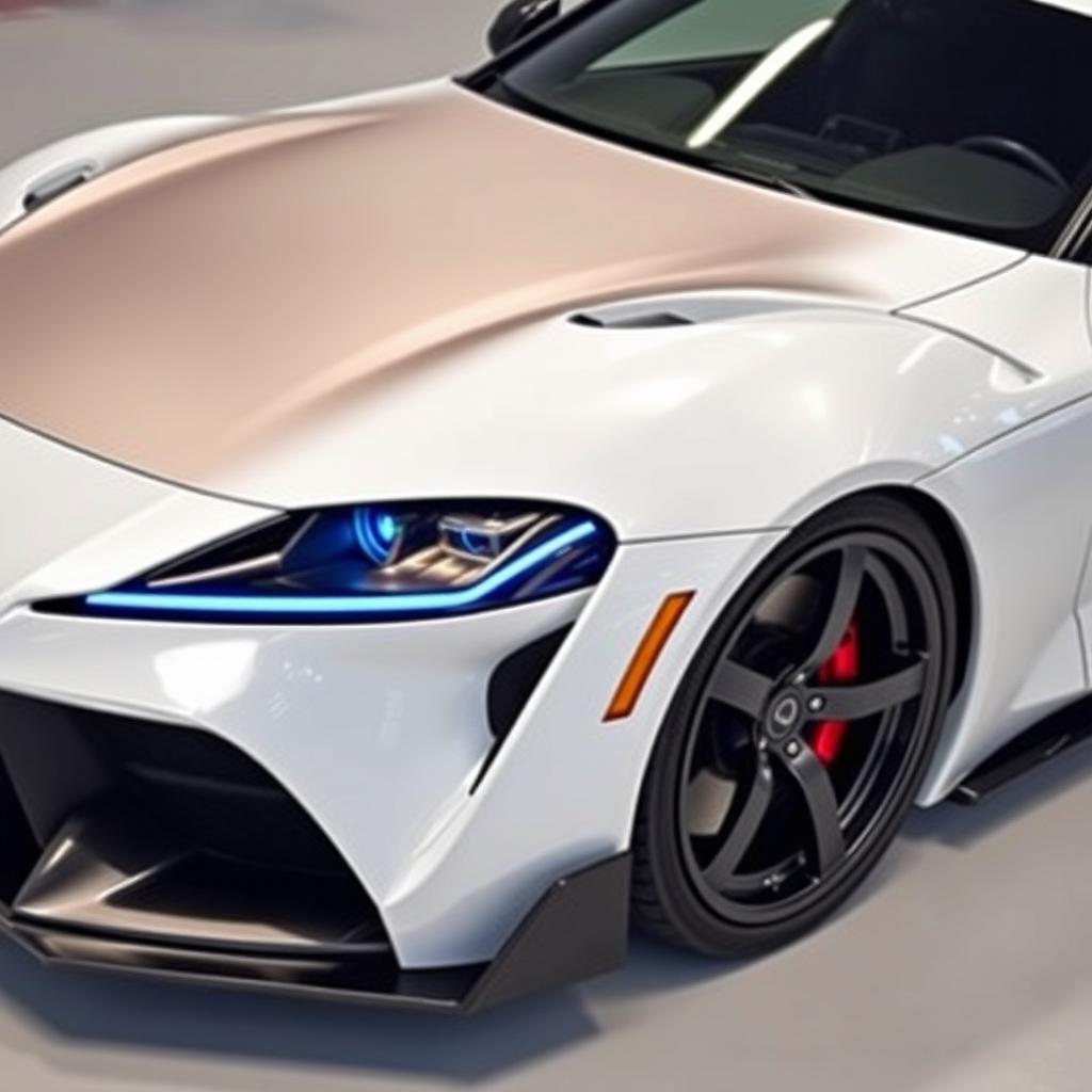 A stunning Toyota Supra MK4 (A80) in bright white with a visible texture carbon fiber hood that subtly reflects light, featuring a matte finish for contrast