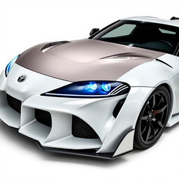 A stunning Toyota Supra MK4 (A80) in bright white with a visible texture carbon fiber hood that subtly reflects light, featuring a matte finish for contrast
