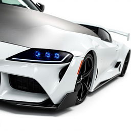 A stunning Toyota Supra MK4 (A80) in bright white with a visible texture carbon fiber hood that subtly reflects light, featuring a matte finish for contrast