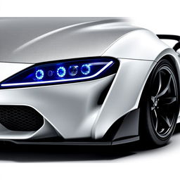 A stunning Toyota Supra MK4 (A80) in bright white with a visible texture carbon fiber hood that subtly reflects light, featuring a matte finish for contrast