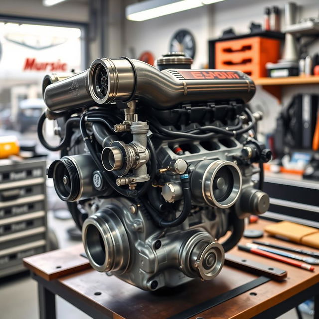 A detailed and dynamic image of an RB20 engine, showcasing its intricate components such as the turbocharger, intake manifold, and polished metal surfaces