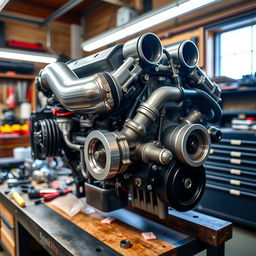 A detailed and dynamic image of an RB20 engine, showcasing its intricate components such as the turbocharger, intake manifold, and polished metal surfaces