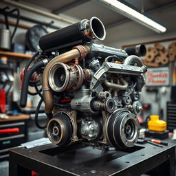 A detailed and dynamic image of an RB20 engine, showcasing its intricate components such as the turbocharger, intake manifold, and polished metal surfaces