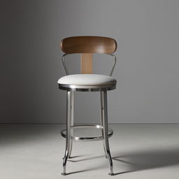 A classic, polished oak bar stool with a circular cushioned seat and sleek steel foot rest.