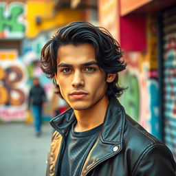 A stunning portrait of a young man named Dilan Guevara, with wavy dark hair and striking features