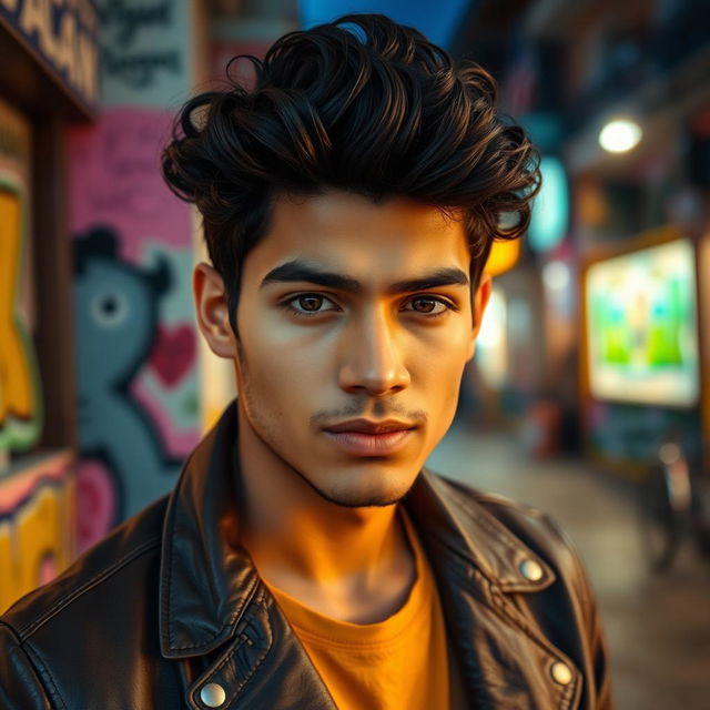 A stunning portrait of a young man named Dilan Guevara, with wavy dark hair and striking features