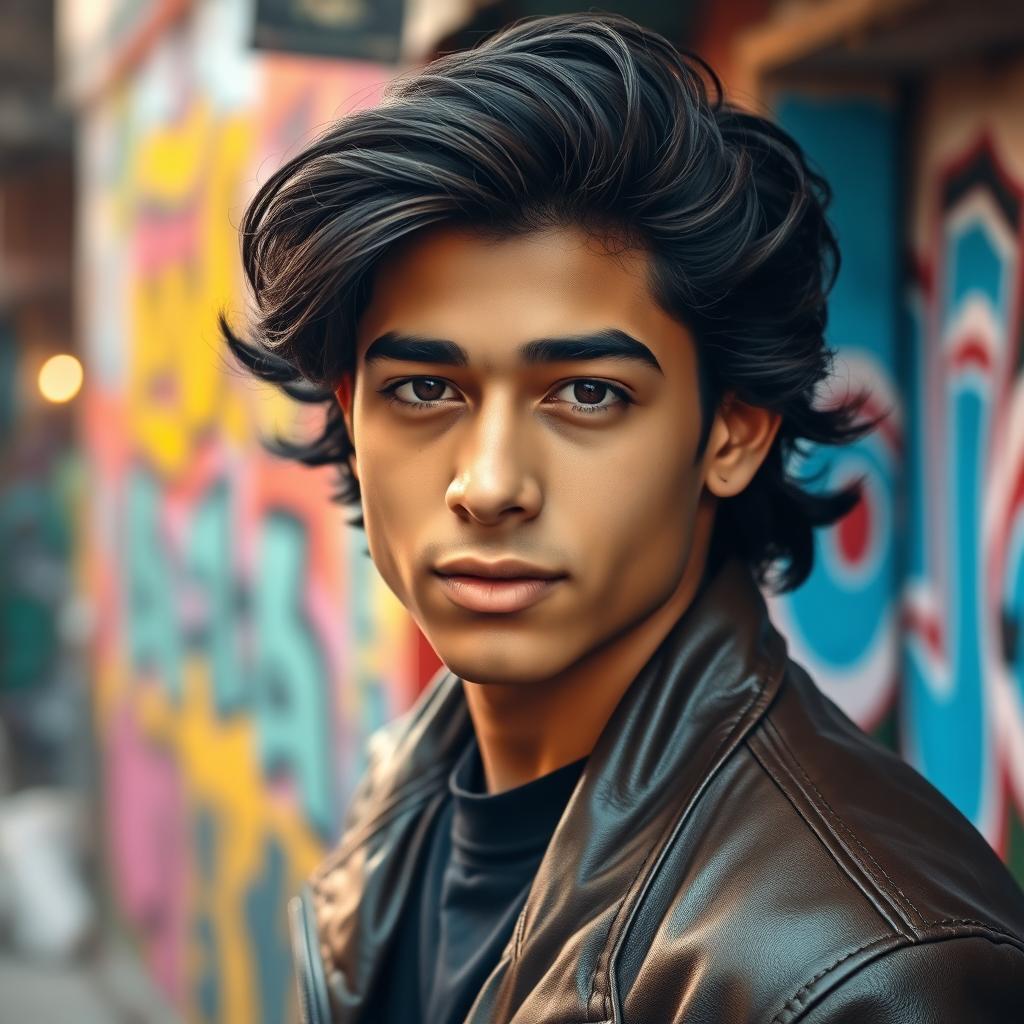 A stunning portrait of a young man named Dilan Guevara, with wavy dark hair and striking features