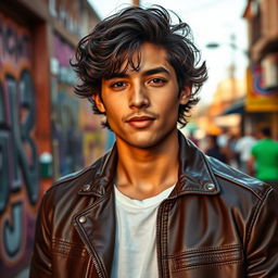 A stunning portrait of a young man named Dilan Guevara, with wavy dark hair and striking features