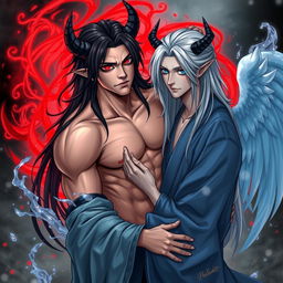 An evil yet kind-looking man with a sad expression, shirtless but modestly covered with a piece of black cloth around his waist