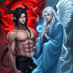 An evil yet kind-looking man with a sad expression, shirtless but modestly covered with a piece of black cloth around his waist