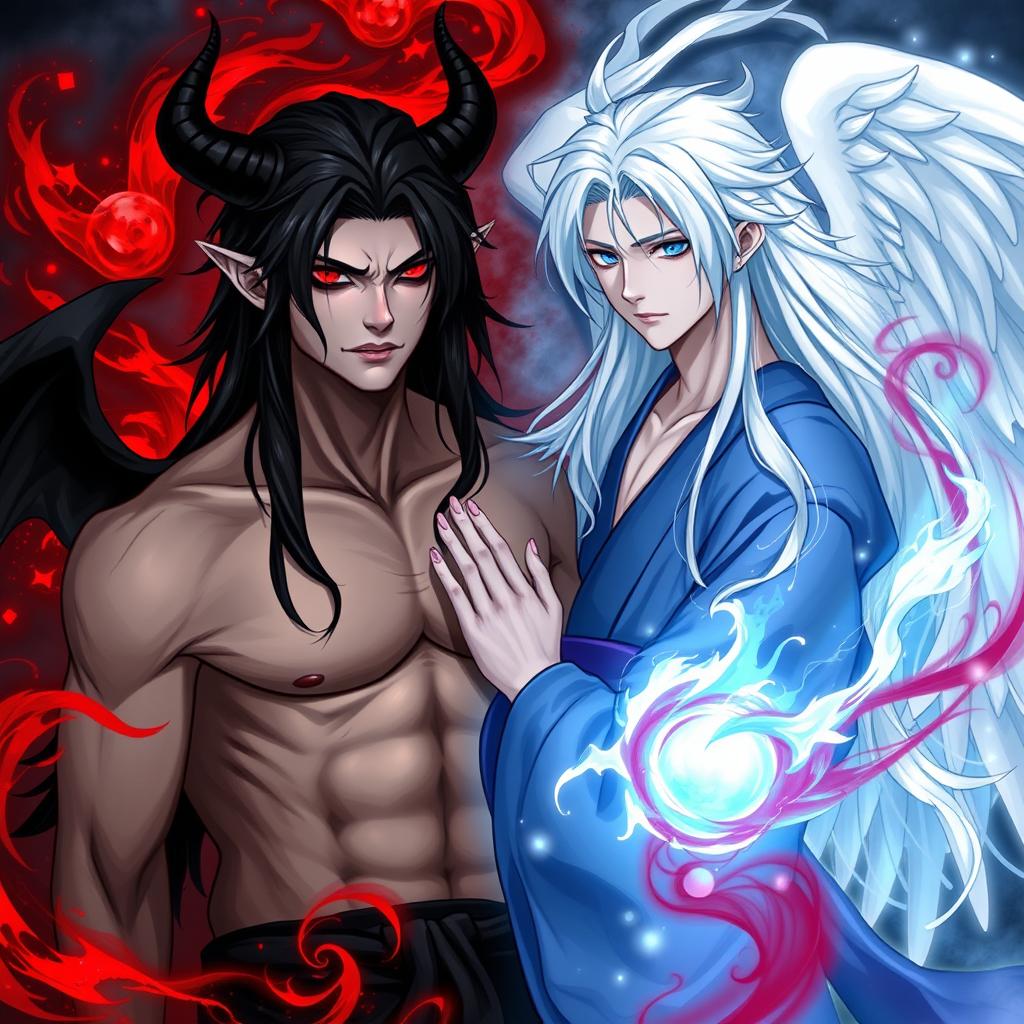 An evil yet kind-looking man with a sad expression, shirtless but modestly covered with a piece of black cloth around his waist
