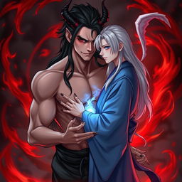 An evil yet kind-looking man with a sad expression, shirtless but modestly covered with a piece of black cloth around his waist