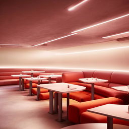 Futuristic restaurant containing six dining tables and a sofa, showcasing sleek design and modern aesthetics.