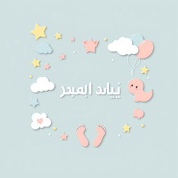 A beautiful and joyful greeting card design celebrating the arrival of a newborn baby, featuring soft pastel colors like light blue and pink
