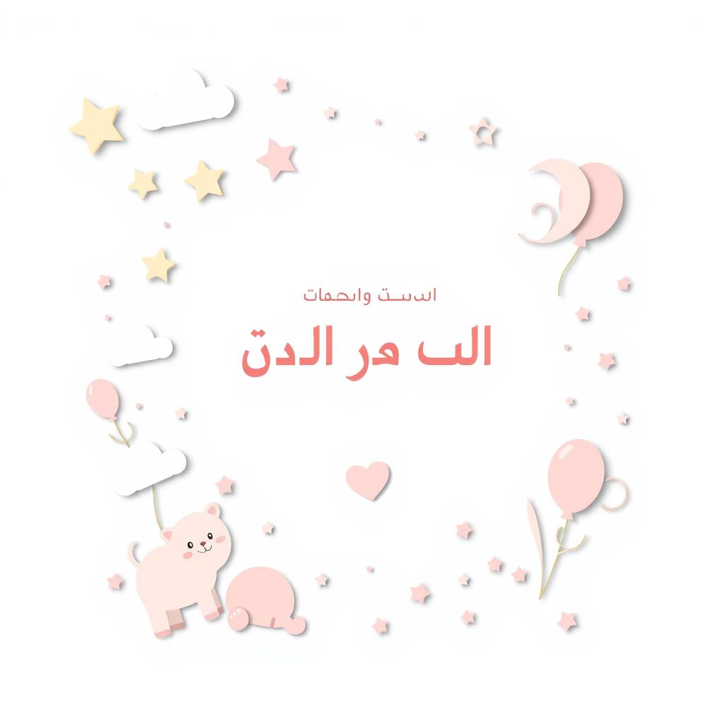 A beautiful and joyful greeting card design celebrating the arrival of a newborn baby, featuring soft pastel colors like light blue and pink