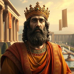 A majestic portrait of Cyrus the Great, the founder of the Persian Empire, depicted in ancient Persian royal attire