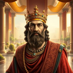 A majestic portrait of Cyrus the Great, the founder of the Persian Empire, depicted in ancient Persian royal attire