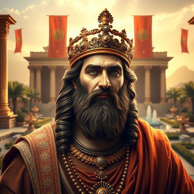 A majestic portrait of Cyrus the Great, the founder of the Persian Empire, depicted in ancient Persian royal attire