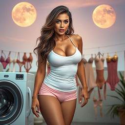 A full-body image of a 45-year-old beautiful and sexy mature woman (MILF) with long wavy brown hair and striking cyan eyes