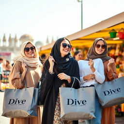 A group of fashionable young women shopping happily at an outdoor market, each holding stylish shopping bags labeled 'Dive Abaya'