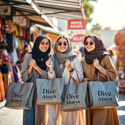 A group of fashionable young women shopping happily at an outdoor market, each holding stylish shopping bags labeled 'Dive Abaya'