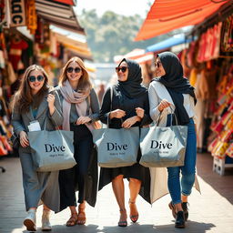A group of fashionable young women shopping happily at an outdoor market, each holding stylish shopping bags labeled 'Dive Abaya'