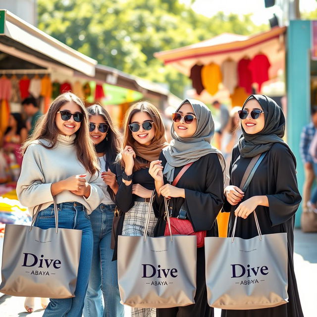 A group of fashionable young women shopping happily at an outdoor market, each holding stylish shopping bags labeled 'Dive Abaya'