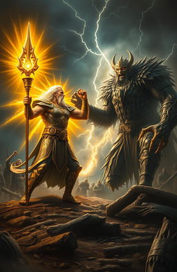A dramatic confrontation between Lugh, the Celtic deity of light, and Balor, the fearsome king of the Fomorians