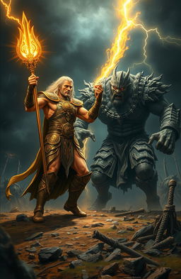 A dramatic confrontation between Lugh, the Celtic deity of light, and Balor, the fearsome king of the Fomorians