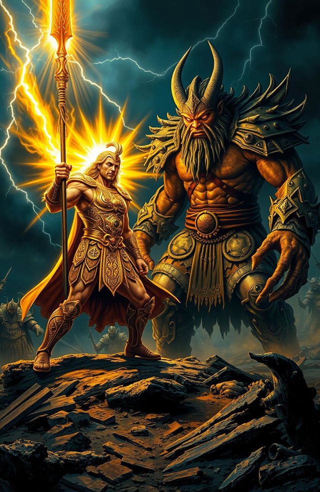 A dramatic confrontation between Lugh, the Celtic deity of light, and Balor, the fearsome king of the Fomorians