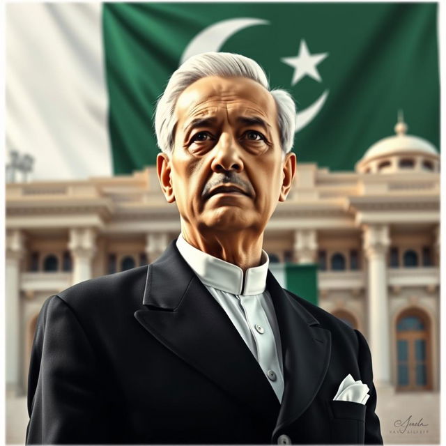 A grand portrait of Quaid-e-Azam Muhammad Ali Jinnah, with a dignified and authoritative expression, wearing a traditional black suit and a white shirt