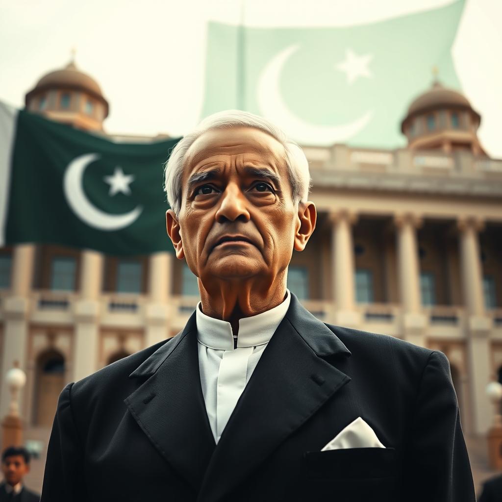 A grand portrait of Quaid-e-Azam Muhammad Ali Jinnah, with a dignified and authoritative expression, wearing a traditional black suit and a white shirt