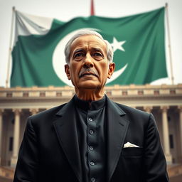 A grand portrait of Quaid-e-Azam Muhammad Ali Jinnah, with a dignified and authoritative expression, wearing a traditional black suit and a white shirt