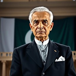 A grand portrait of Quaid-e-Azam Muhammad Ali Jinnah, with a dignified and authoritative expression, wearing a traditional black suit and a white shirt