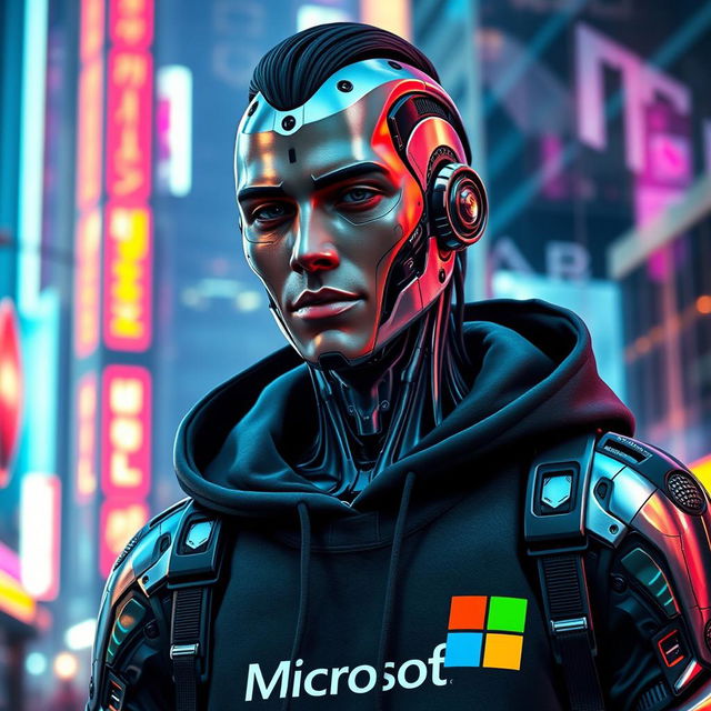 A futuristic cyborg resembling George Floyd, featuring sleek metallic skin integrated with advanced technology