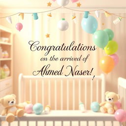 A joyful congratulatory image for a newborn named Ahmed Naser, featuring soft pastel colors and adorable baby motifs such as teddy bears, baby bottles, and colorful balloons