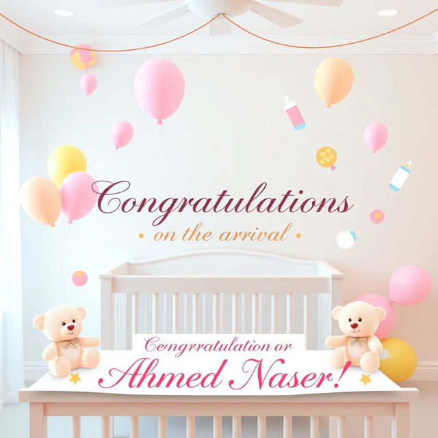 A joyful congratulatory image for a newborn named Ahmed Naser, featuring soft pastel colors and adorable baby motifs such as teddy bears, baby bottles, and colorful balloons