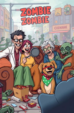 A humorous scene from a zombie apocalypse featuring a diverse and unlikely team of heroes