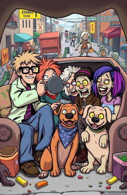 A humorous scene from a zombie apocalypse featuring a diverse and unlikely team of heroes